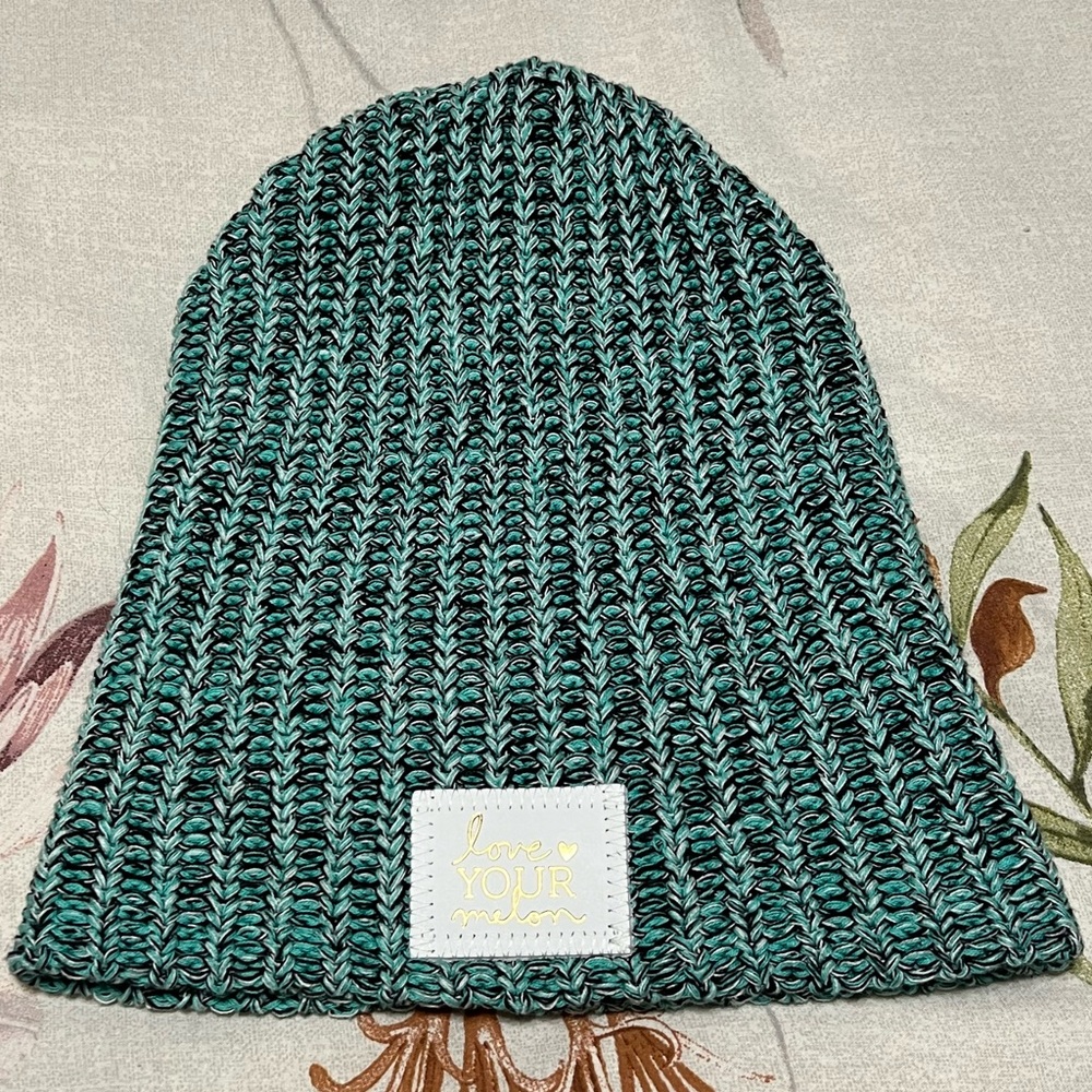 Love Your Melon Speckled Teal/White/Black Beanie With White Patch Adult One Size